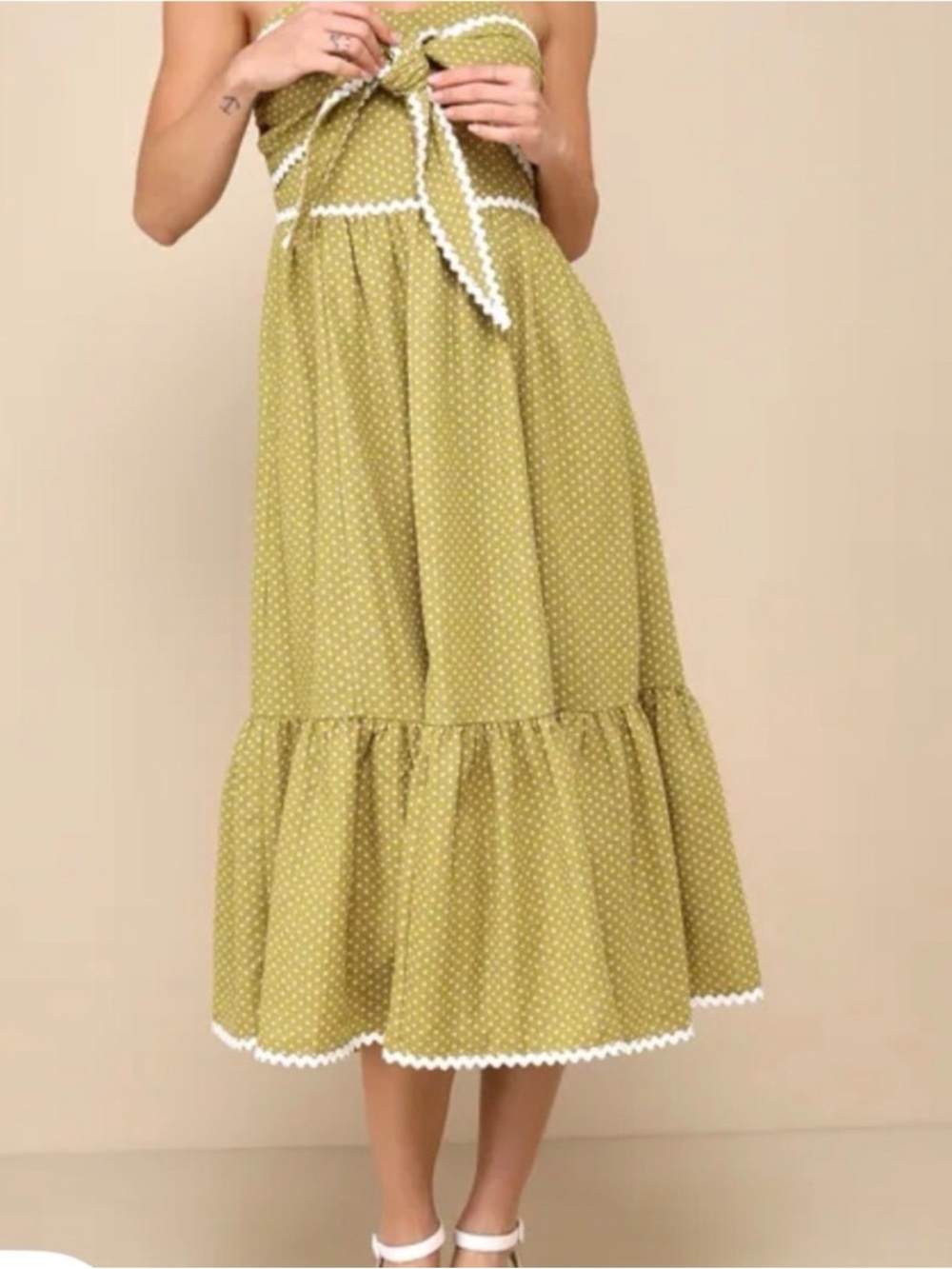 Lulu's Olive Green Polka Dot Strapless Midi Dress with White Trim